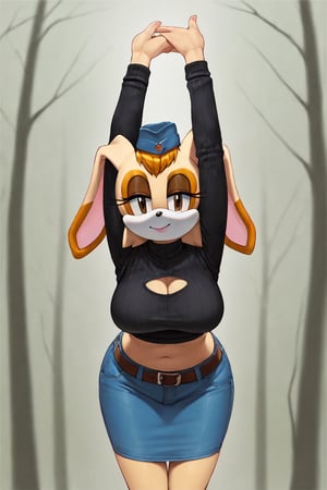 score_9, score_8_up, score_7_up, score_6_up, score_5_up, score_4_up, (Source sonic), (rating safe), vanilla the rabbit, 1girl, solo, outside, wearing blue jeans,  black sweater, shirt cutout, large breasts, brown eyes, looking at viewer, standing, outside, trees, fall weather,  , wide hips, rabbit girl, short hair, body fur, dynamic pose, anime style,flashing belly,cammystretch, stretching,leaning forward,arms up,stomach_punch,Soviet Military uniform,skirt,belt,garrison cap