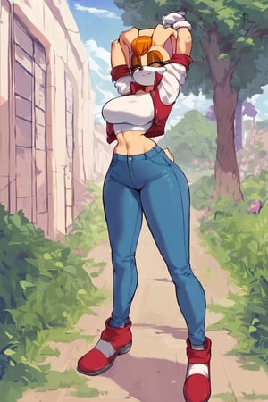 score_9, score_8_up, score_7_up, score_6_up, score_5_up, score_4_up, (Source sonic), (rating safe), vanilla the rabbit, 1girl, solo, outside, wearing blue jeans, white shirt, jacket, large breasts, brown eyes, looking at viewer, standing, outside, trees, fall weather,  , wide hips, rabbit girl, short hair, body fur, hands on hips, anime style,stomach_punch,arms up,cammystretch, stretching,flashing belly,sch00lg1rl, thighhighs