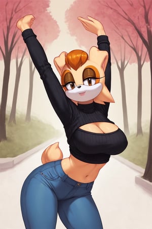 score_9, score_8_up, score_7_up, score_6_up, score_5_up, score_4_up, (Source sonic), (rating safe), vanilla the rabbit, 1girl, solo, outside, wearing blue jeans,  black sweater, shirt cutout, large breasts, brown eyes, looking at viewer, standing, outside, trees, fall weather,  , wide hips, rabbit girl, short hair, body fur, dynamic pose, anime style,flashing belly,cammystretch, stretching,leaning forward,arms up,stomach_punch, short jacket