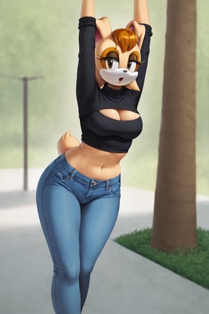 score_9, score_8_up, score_7_up, score_6_up, score_5_up, score_4_up, (Source sonic), (rating safe), vanilla the rabbit, 1girl, solo, outside, wearing blue jeans,  black sweater, shirt cutout, large breasts, brown eyes, looking at viewer, standing, outside, trees, fall weather,  , wide hips, rabbit girl, short hair, body fur, dynamic pose, anime style,flashing belly,cammystretch, stretching,leaning forward,arms up,stomach_punch, short jacket