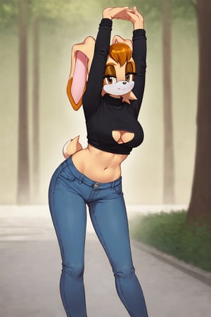 score_9, score_8_up, score_7_up, score_6_up, score_5_up, score_4_up, (Source sonic), (rating safe), vanilla the rabbit, 1girl, solo, outside, wearing blue jeans,  black sweater, shirt cutout, large breasts, brown eyes, looking at viewer, standing, outside, trees, fall weather,  , wide hips, rabbit girl, short hair, body fur, dynamic pose, anime style,flashing belly,cammystretch, stretching,leaning forward,arms up,stomach_punch, short jacket