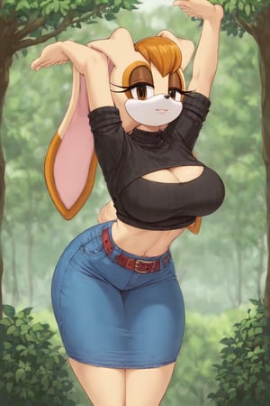 score_9, score_8_up, score_7_up, score_6_up, score_5_up, score_4_up, (Source sonic), (rating safe), vanilla the rabbit, 1girl, solo, outside, wearing blue jeans,  black sweater, shirt cutout, large breasts, brown eyes, looking at viewer, standing, outside, trees, fall weather,  , wide hips, rabbit girl, short hair, body fur, dynamic pose, anime style,flashing belly,cammystretch, stretching,leaning forward,arms up,skirt,belt