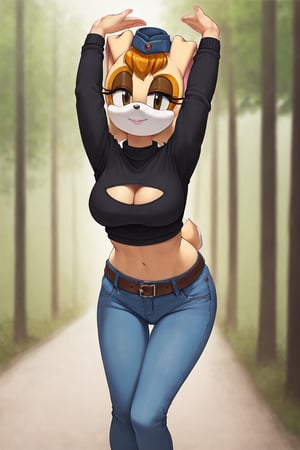 score_9, score_8_up, score_7_up, score_6_up, score_5_up, score_4_up, (Source sonic), (rating safe), vanilla the rabbit, 1girl, solo, outside, wearing blue jeans,  black sweater, shirt cutout, large breasts, brown eyes, looking at viewer, standing, outside, trees, fall weather,  , wide hips, rabbit girl, short hair, body fur, dynamic pose, anime style,flashing belly,cammystretch, stretching,leaning forward,arms up,stomach_punch,Soviet Military uniform,skirt,belt,garrison cap