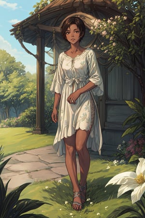 (Masterpiece, Best Quality, High Definition, Ultra Detailed), (Beautiful and Aesthetic:1.2), (1 Female), Adult, Perfect Body, (short Black Hair), ((brown Eyes)), ((very dark skin)), Detailed Eyes and Face, full body, handsome, flowers, garden, green grass, trees, house, comfort, gazebo, house dress with flowers print, sandals,casca \(berserk\)