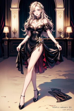 ((masterpiece, Best quality, A high resolution, ultra detailed), (beautiful and aesthetically pleasing:1.2), Detailed eyes and face, full body, ((1 woman)), adult, (black long wavy hair), ((green eyes)), female body, female focus, Beautiful body, perfect body, 
 full body, garem outfit, beautiful dress, erotic dress, pumps, birthday party