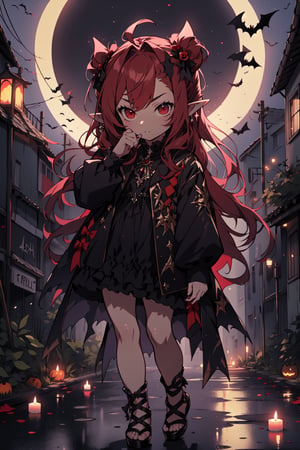 (masterpiece, best quality, high definition, ultra-detailed), (beautiful and aesthetic: 1.2), detailed eyes and face, full body, 1 girl, kid, toddler,  red hair, long hair, ((red eyes)), ((pointy ears)),
Halloween costume, sandals, Halloween in kindergarten, pumpkins, Halloween decorations, candles, gothic, bat, moonlight, moon, street, city, spirit, 





























,score_9, score_8_up, score_7_up, source_anime,