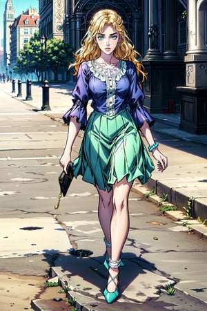  ((masterpiece, best quality, high definition, ultra-detailed), (beautiful and aesthetic: 1.2), detailed eyes and face, full body, 1 woman, (black long wavy hair), (green eyes), perfect body, female body, female focus, street , city, 
puffy-sleeve blouse, ruffled skirt, Mary Jane pumps, lace anklets








