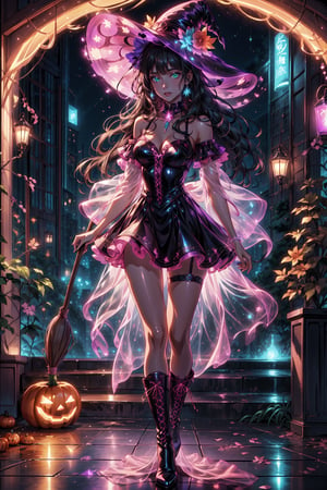 (masterpiece, best quality, high definition, ultra-detailed), (beautiful and aesthetic: 1.2), detailed eyes and face, 1 woman, solo, black hair, long wavy hair, green eyes, female body, female focus, perfect body, full body, halloween, night club, neon club, neon lights, witch costume, witch hat, witch boots, broom, bonfire, pumpkins






























,score_9, score_8_up, score_7_up, source_anime,