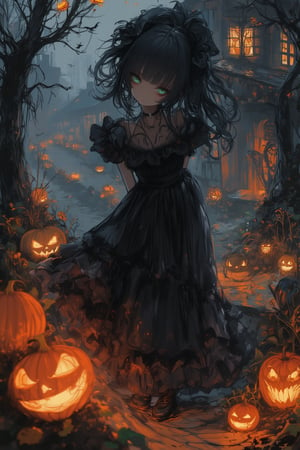  ((masterpiece, best quality, high definition, ultra-detailed), (beautiful and aesthetic: 1.2), detailed eyes and face, 1 woman, solo,  black hair, long wavy ponytail hair, green eyes, perfect body, full body, halloween dress, Halloween shoes, halloween decorations, pumpkins, bats, gothic, halloween, Halloween party, Halloween house, 
































,score_9, score_8_up, score_7_up, source_anime,