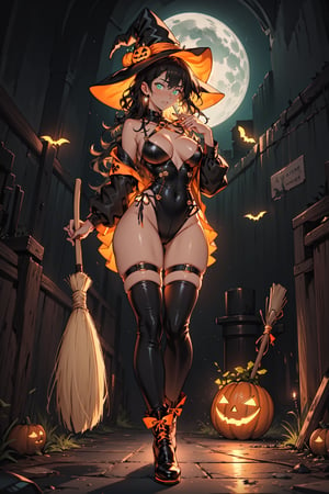 (masterpiece, best quality, high definition, ultra-detailed), (beautiful and aesthetic: 1.2), detailed eyes and face, 1 woman, solo, black hair, long wavy hair, green eyes, female body, female focus, perfect body, full body, halloween, night club, neon club, neon lights, sexy witch costume, witch hat, witch boots, broom, bonfire, pumpkins






























,score_9, score_8_up, score_7_up, source_anime,