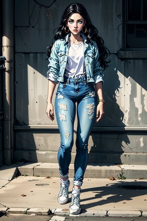  ((masterpiece, best quality, high definition, ultra-detailed), (beautiful and aesthetic: 1.2), detailed eyes and face, full body, 1 woman, black long wavy hair, green eyes, perfect body, female body, female focus, acid-washed denim jacket, high-waisted acid-washed jeans, white sneakers, scrunch socks, hoop earrings
