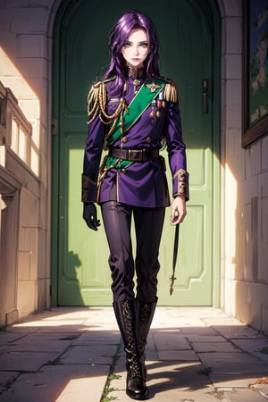  (masterpiece, Best quality, A high resolution, ultra detailed), (beautiful and aesthetically pleasing:1.2), detailed eyes and face, full body,(1boy), ((dark purple hair)), long hair, ((green eyes)), military uniform, boots, 