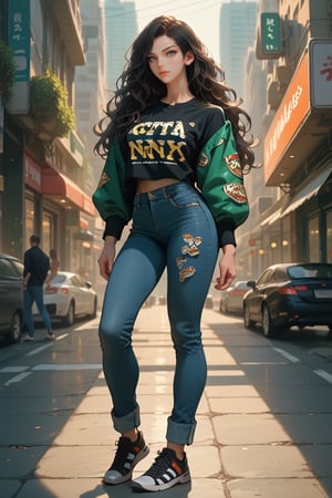 score_9, score_8_up, score_7_up, woman, solo,  black long wavy hair, green eyes, perfect body, full body, jacket , jeans, t shirt with print, snickers, city, street style 






























