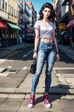  ((masterpiece, best quality, high definition, ultra-detailed), (beautiful and aesthetic: 1.2), detailed eyes and face, full body, 1 woman, (black long wavy hair), (green eyes), perfect body, female body, female focus, street , city, 
acid-washed denim shirt, stone-washed jeans, white high-top sneakers, casio watch







