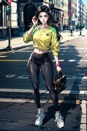  ((masterpiece, best quality, high definition, ultra-detailed), (beautiful and aesthetic: 1.2), detailed eyes and face, full body, 1 woman, black long wavy hair, green eyes, perfect body, female body, female focus, street , city, 
oversized graphic sweatshirt, leggings, Reebok sneakers, slap bracelets
