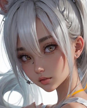 anime girl with long hair and orange eyes, close-up, Arknights, white-haired fox, Girls Frontline Style, Ponytail, abstract background, neon colors,