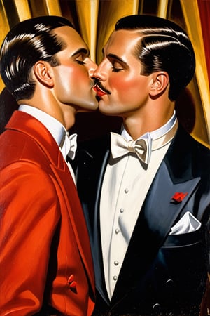 2men, Thick impasto oil painting of two gay men in tuxedos, one man is wearing a red tuxedo, and the other is wearing a white tuxedo, embracing and kissing, 1920s new year's eve party, gay nightclub, high texture, vintage, romantic, passionate, warm tones, moody lighting, detailed facial features, professional, emotional, vintage attire, art deco interior, expressionist brushwork, by (((Tamara de Lempicka)))