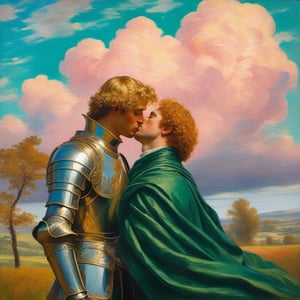  An XIX thick brush impasto century oil painting portrait of two men kissing, one blonde man is wearing a golden green metal medieval knight armor. The other man has red and curly haired and wears a long green embroidered robe, The scene is set against a backdrop of pink and blue clouds, and the couple is standing in a field. The painting is quite large, covering a significant portion of the wall. The artist has captured the intimate moment between the two individuals, with the armor-clad person adding a unique and romantic touch to the scene, by Jacques-Louis David