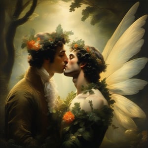 2men, An Early 19th century oil painting of a mystical forest scene where a man, dressed in early 20th century attire, is kissing a male fairy with translucent wings that reflect the surrounding environment. The male fairy should be adorned in natural elements like leaves and flowers, symmetrical, by Jacques-Louis David,oil paint