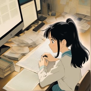 (ghibli), a girl looking up at her desk drawing, realistic depiction of a focus face, artistic portrait style, contrasting colors,  (masterpiece,best quality), black hair, short_pony_tail