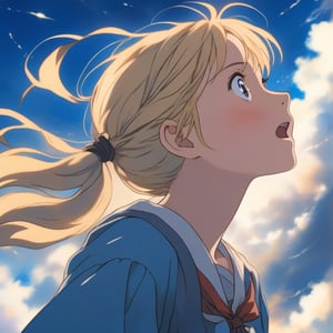 ghibli, a girl looking up at the sky, realistic depiction of intense emotions, artistic portrait style, contrasting colors, beautiful eyes, (masterpiece,best quality) blonde hair, pony_tail