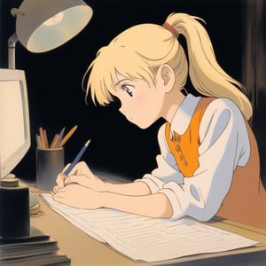 (ghibli), a girl looking up at her desk drawing, realistic depiction of a focus face, artistic portrait style, contrasting colors,  (masterpiece,best quality), blond_hair, short_pony_tail