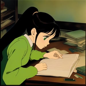 (ghibli), a girl looking up at her desk drawing, realistic depiction of a melancholy face, artistic portrait style, contrasting colors,  (masterpiece,best quality), black_hair, green eyes, pony_tail