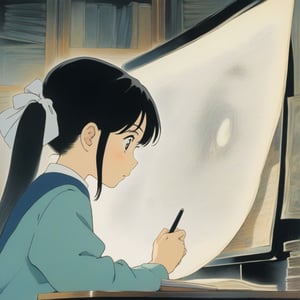 (ghibli), a girl looking up at her desk drawing, realistic depiction of a focus face, artistic portrait style, contrasting colors,  (masterpiece,best quality), black hair, short_pony_tail