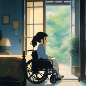 (ghibli), a girl in a wheelchair looking through the window, realistic depiction of a focus face, artistic portrait style, contrasting colors,  (masterpiece,best quality), black hair, short_pony_tail, (bedroom),StdGBRedmAF