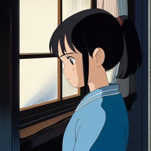 (ghibli), a girl looking through the window, realistic depiction of a sad face, artistic portrait style, contrasting colors,  (masterpiece,best quality), black_hair, short_pony_tail, (bedroom), blue_clothes, StdGBRedmAF,StdGBRedmAF