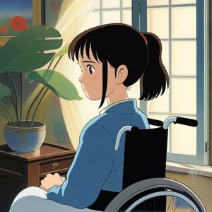 (ghibli), a girl in a wheelchair looking through the window, realistic depiction of a focus face, artistic portrait style, contrasting colors,  (masterpiece,best quality), black hair, short_pony_tail, (bedroom),StdGBRedmAF