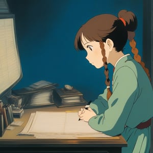 (ghibli), a girl looking up at her desk drawing, realistic depiction of a melancholy face, artistic portrait style, contrasting colors,  (masterpiece,best quality), brown_hair, short_pony_tail