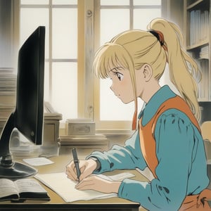 (ghibli), a girl looking up at her desk drawing, realistic depiction of a melancholy face, artistic portrait style, contrasting colors,  (masterpiece,best quality), blond_hair, short_pony_tail