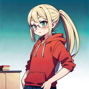 ((best quality)), (highly detailed), masterpiece, detailed, (empty_background) , blurry ,((1girl)), (((SOLO)), (longhair), ((pink_hair)), short, pale_skin, (green-eyes), ((blonde_hair)), tiny_female, clothes, sad_face, hands_in_pockets, tiny_breasts, cute_fang, ((glasses)), megane, red_clothes, hoodie,