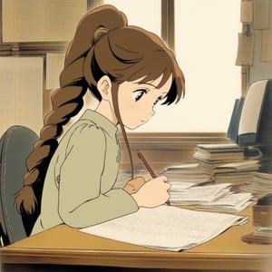 (ghibli), a girl looking up at her desk drawing, realistic depiction of a melancholy face, artistic portrait style, contrasting colors,  (masterpiece,best quality), brown_hair, short_pony_tail