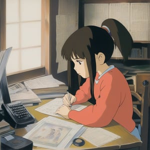 (ghibli), a girl looking up at her desk drawing, realistic depiction of a focus face, artistic portrait style, contrasting colors,  (masterpiece,best quality), black hair, short_pony_tail, (bedroom),StdGBRedmAF