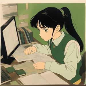 (ghibli), a girl looking up at her desk drawing, realistic depiction of a melancholy face, artistic portrait style, contrasting colors,  (masterpiece,best quality), black_hair, green eyes, short_pony_tail