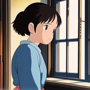 (ghibli), a girl looking through the window, realistic depiction of a sad face, artistic portrait style, contrasting colors,  (masterpiece,best quality), black_hair, short_pony_tail, (bedroom), blue_clothes, StdGBRedmAF,StdGBRedmAF