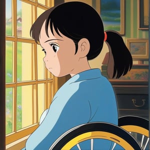 (ghibli), a girl in a wheelchair looking through the window, realistic depiction of a focus face, artistic portrait style, contrasting colors,  (masterpiece,best quality), black hair, short_pony_tail, (bedroom),StdGBRedmAF