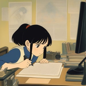 (ghibli), a girl looking up at her desk drawing, realistic depiction of a focus face, artistic portrait style, contrasting colors,  (masterpiece,best quality), black hair, short_pony_tail, (bedroom),StdGBRedmAF