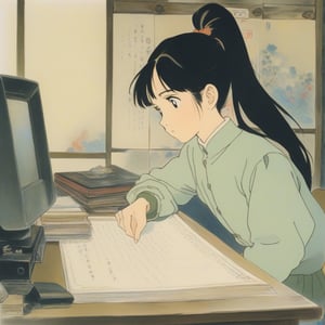 (ghibli), a girl looking up at her desk drawing, realistic depiction of a focus face, artistic portrait style, contrasting colors,  (masterpiece,best quality), black hair, short_pony_tail, (bedroom)