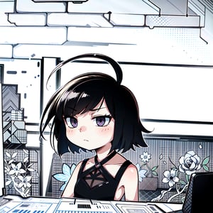 ((best quality)), masterpiece, detailed, (empty_background) ,((1girl)), (((SOLO)), short_hair), short, pale_skin, ((black_eyes)), tiny_female, clothes, serious, emotionless, expressionless, neutral_expression, (unexpressive),((flat_chest)), cute_fang, 