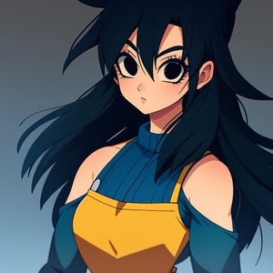 A stunning masterpiece! A petite, Saiyan warrior stands tall in a battle stance, she's short, her black hair fall over her shoulders, Her sharp black eyes gleam with determination as she smizes confidently, showcasing her flat chest beneath her blue attire. The camera zooms in on her hyper-detailed features, highlighting the intricate details of her monkey tail and the wisps of ki energy surrounding her. The blurry background adds depth to the composition, while the sharp focus maintains a sense of intimacy with the subject. The overall quality is exceptionally high, showcasing her highly detailed and meticulously crafted design.