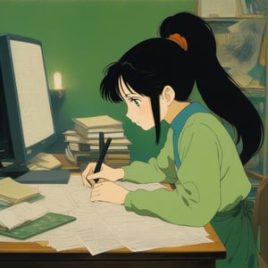 (ghibli), a girl looking up at her desk drawing, realistic depiction of a melancholy face, artistic portrait style, contrasting colors, beautiful eyes, (masterpiece,best quality), black_hair, green eyes, pony_tail