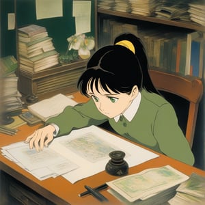 (ghibli), a girl looking up at her desk drawing, realistic depiction of a melancholy face, artistic portrait style, contrasting colors,  (masterpiece,best quality), black_hair, green eyes, short_pony_tail
