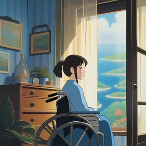 (ghibli), a girl in a wheelchair looking through the window, realistic depiction of a focus face, artistic portrait style, contrasting colors,  (masterpiece,best quality), black hair, short_pony_tail, (bedroom), blue_clothes,StdGBRedmAF