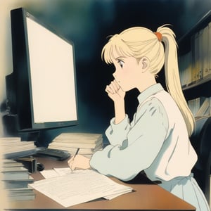 (ghibli), a girl looking up at her desk drawing, realistic depiction of a focus face, artistic portrait style, contrasting colors,  (masterpiece,best quality), blond_hair, short_pony_tail