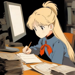 (ghibli), a girl looking up at her desk drawing, realistic depiction of a melancholy face, artistic portrait style, contrasting colors, beautiful eyes, (masterpiece,best quality) blonde hair, pony_tail