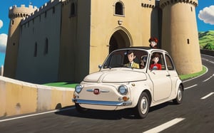 Lupin the 3rd, Lupin and Fujiko driving white Fiat NUOVA500, Castle of Cagliostro, 
(full body:1.0), from bellow, high quality skin texture rendering, curved body, masterpiece, 8k, high resolution, ghibli, ,r0b0cap,StdGBRedmAF