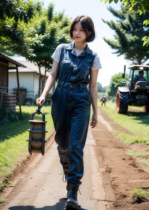 (Top Quality, Masterpiece), Realistic, Ultra High Resolution, Complex Details, Exquisite Details and Texture, Realistic, Beauty, viewed_from_below, ((full body)), japanese cute girl, (17 years old), farmer, super-short-hair, bangs, (Thin and Long Body), round face, (large saggy breasts), ((work jumpsuit)), ((doing farmwork:1.3)), (looking at another), sweating_profusely, perfect, ,pastelbg